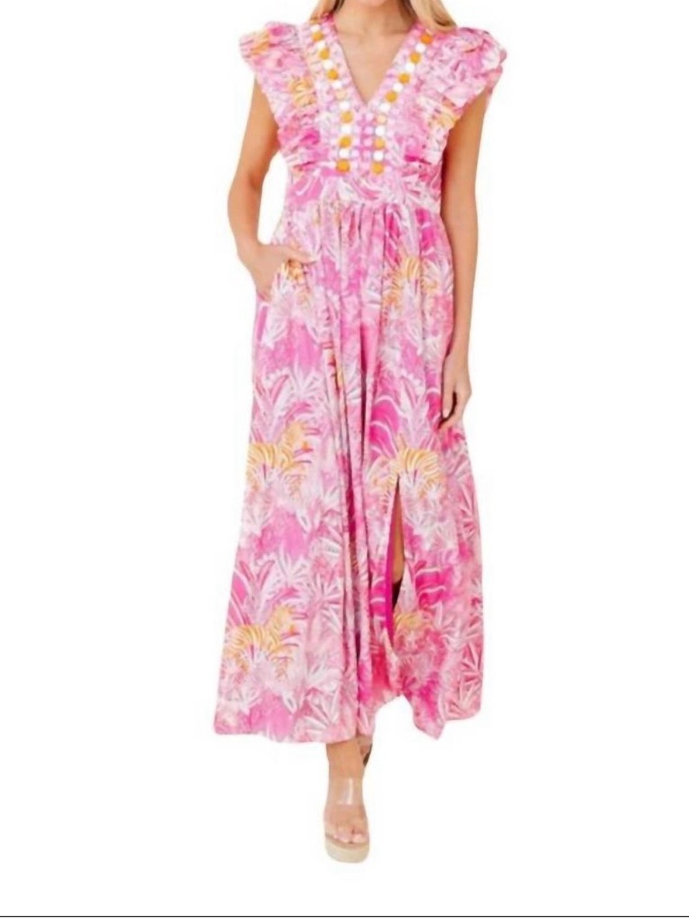 Pink Tropical-Print Maxi Dress with Ruffle Sleeve Detail